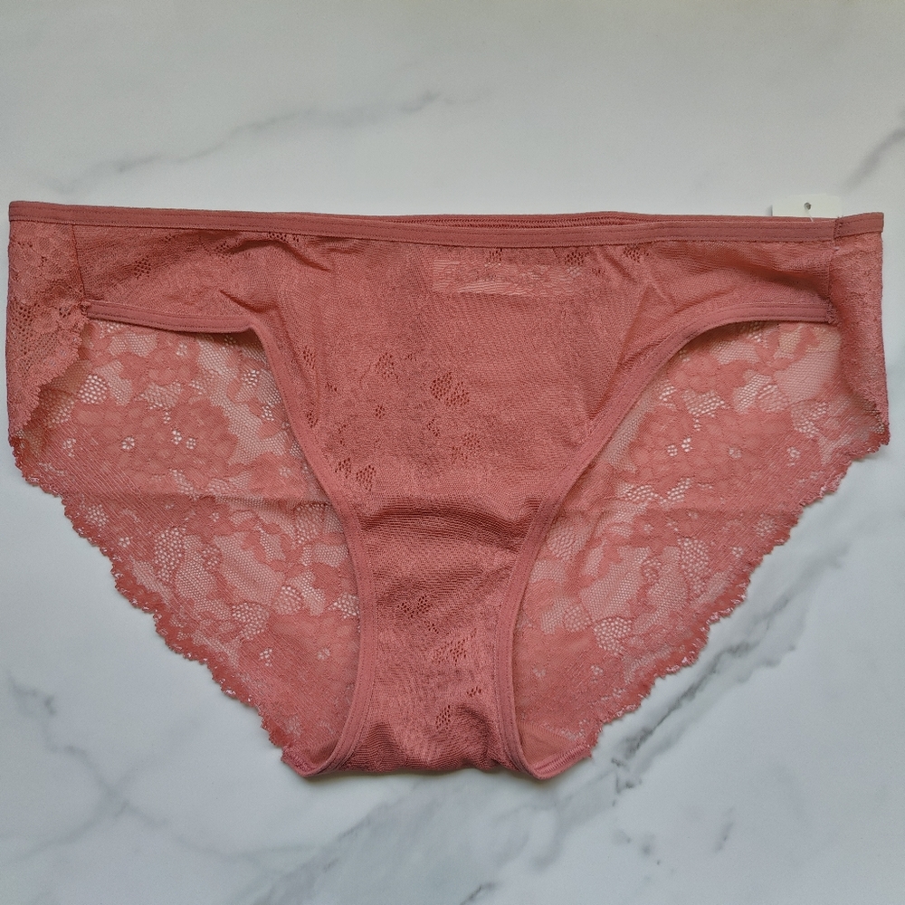 NWT SOMA VANISHING EDGE ALL-OVER LACE BIKINI PANTY IN SIZE MEDIUM PINK NOUVEAU